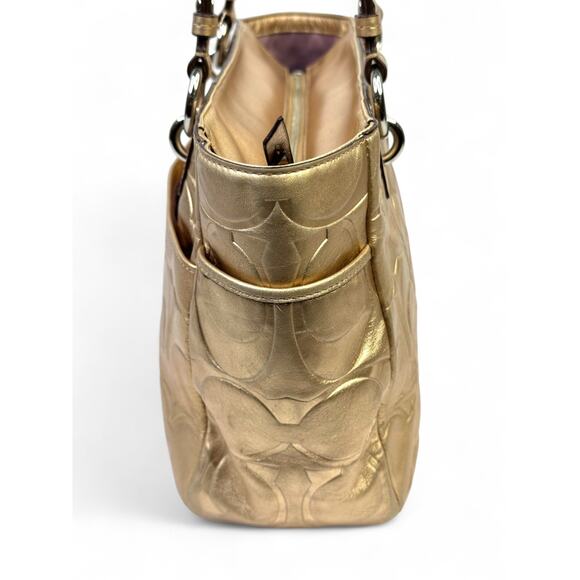 Coach Metallic Gold East West Embossed Signature Leather Tote Bag - Picture 5 of 15